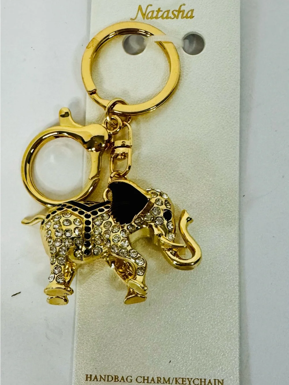 Natasha Couture Gold Elephant Keychain with Clear Crystals and Black Ear Accent